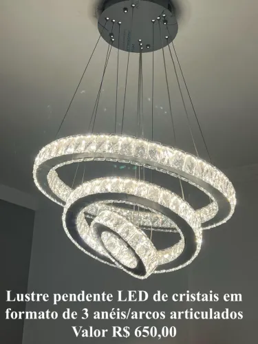 Lustre pendente LED de cristais em formato de 3 anéis/arcos articulados 