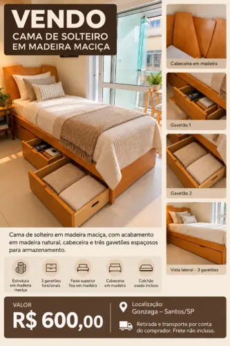 Cama de solteiro com 3 gavetas em madeira maciça 