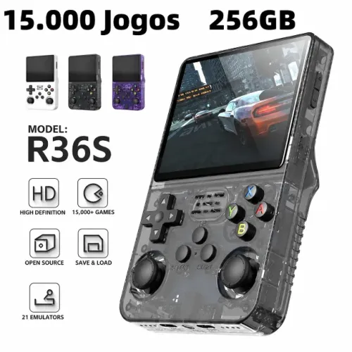 Console Portátil R36s Cor Preta 256gb + 15.000 jogos + acessórios 