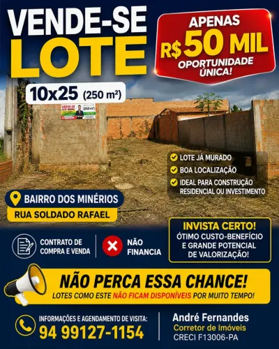 VENDE-SE LOTE 10x25  BAIRRO DOS MINÉRIOS