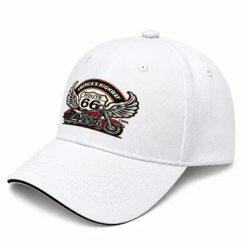 Boné Branco Route 66 Moto Aba Curva Ajustável com Fechamento em Velcro