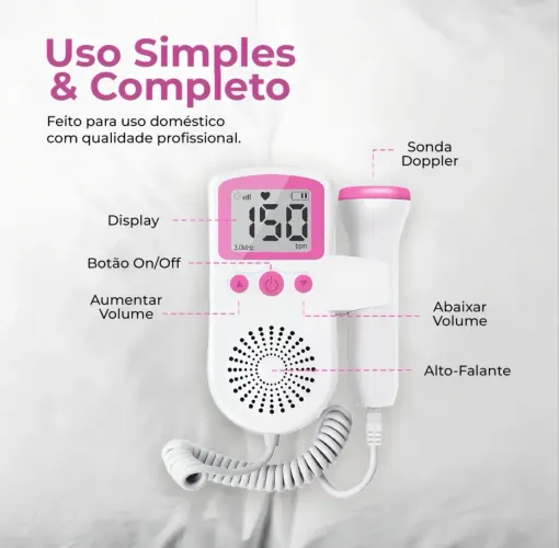  Doppler Fetal Sonar Batimento Bebe Ultrassom + Gel Pilha Rosa Monitor