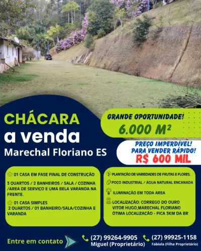 LINDA CHÁCARA EM MARECHAL FLORIANO  6.000M2