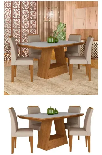 Mesa com 4 cadeiras 1,36 Ávila cima/offwhite/bege cadeira tecido Suede. 