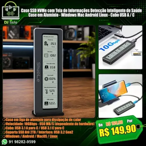 Case SSD NVMe com Tela de Informações Detecção Inteligente de Saúde Case em Alumínio