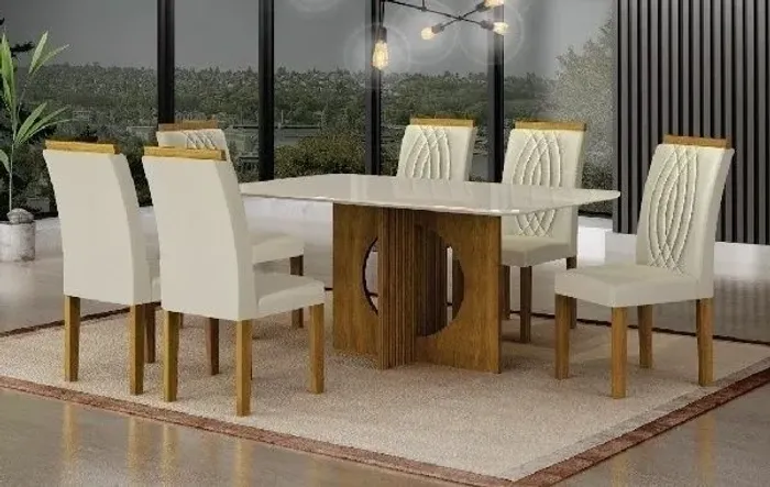Mesa Lorena vidro off white c 6 cadeiras