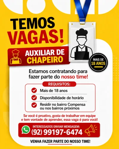 Auxiliar de chapeiro com experiência