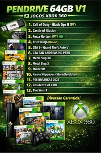 Pendrive 64Gb V1: 13 Jogos Xbox 360