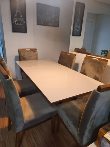 Conjunto de sala jantar mesa madeira com tampo de vidro e 6 cadeiras 6 cadiras