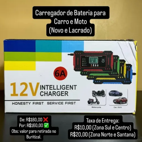 Carregador de Bateria p/ Carro e Moto (Novo e Lacrado)
