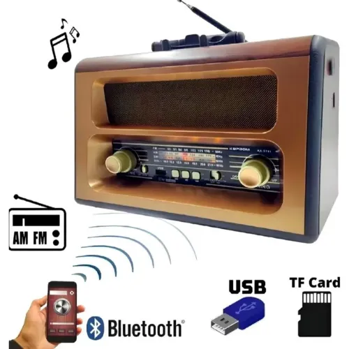 Rádio retro rural am fm Bluetooth pen-drive recarregável com tomada