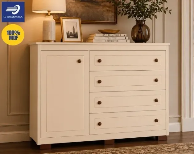Cômoda Americana Moderna 100% MDF 4 Gavetas e 1 Porta