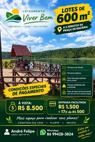 Lotes de 600m² a 5 Min de Nazária! Entrada R$ 1.500 + Parcelas de R$ 500
