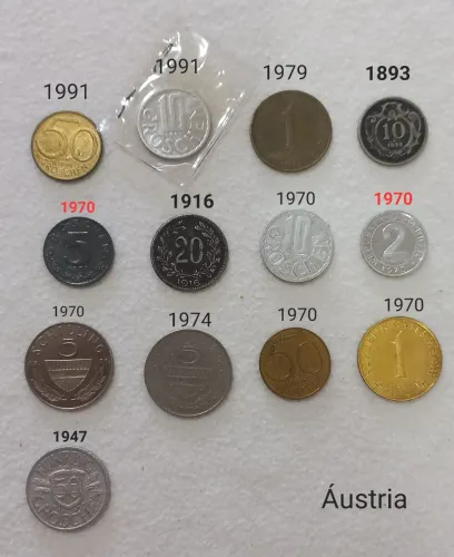 Coleção de 13 moedas antigas da Áustria