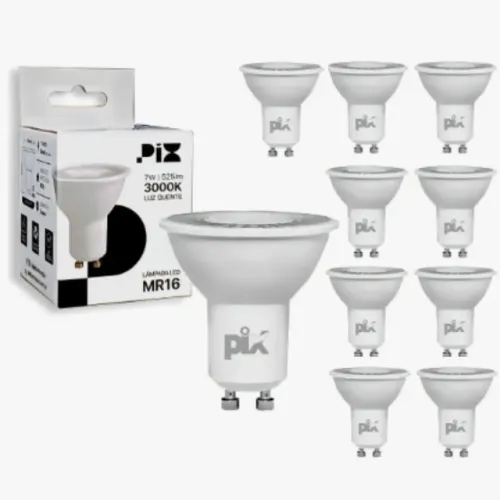 kit 10 lâmpadas dicroica led mr16 pix 7w 525lm branco quente 525lm