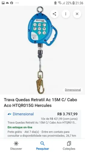 Trava Quedas Retrátil  Ac 15M C/ Cabo Aco HTQR015G Hercules ( usado )