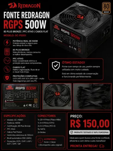 Fonte Regdragon RGPS 500w 80Plus Bronze