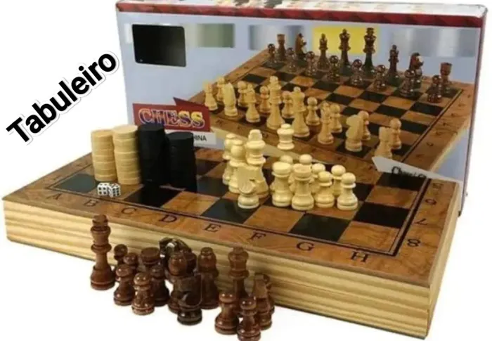 Jogo 3 em 1 Xadrez, Dama, Gamão Tabuleiro Dobrável Madeira 30x30cm Novo