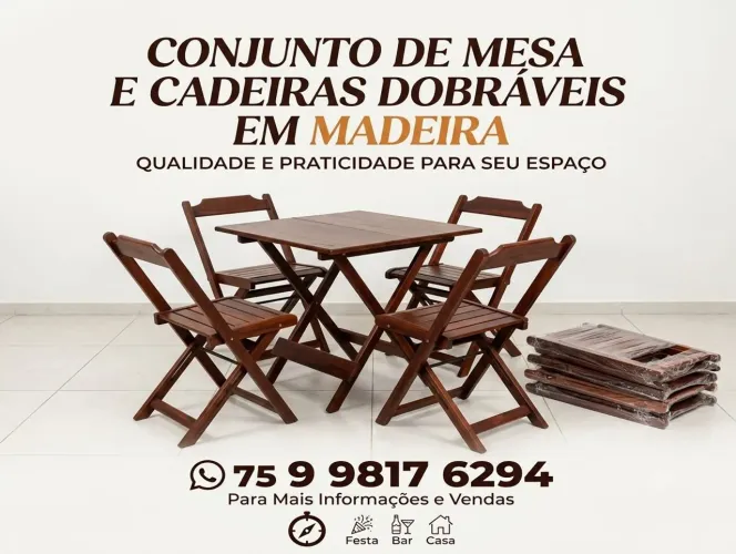 Mesa e cadeiras dobráveis de madeira para bar e restaurante