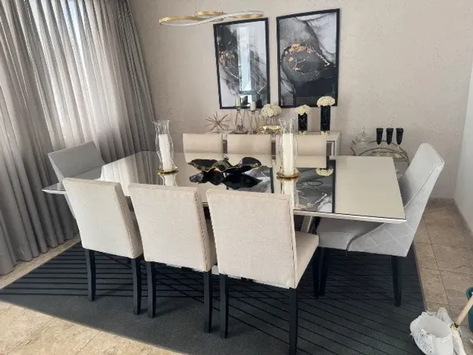 Mesa de jantar laca / espelho, com 8 cadeiras