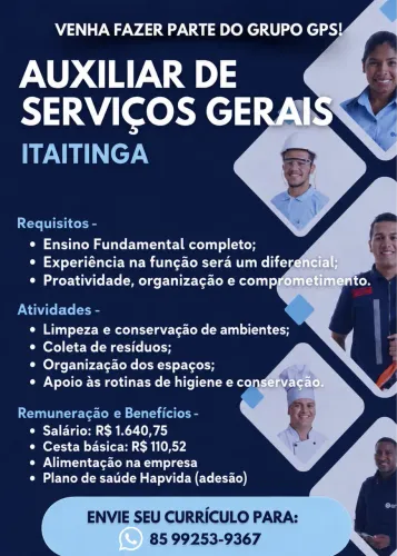 VAGAS DE EMPREGO PARA ATUAR EM SERVIÇOS GERAIS