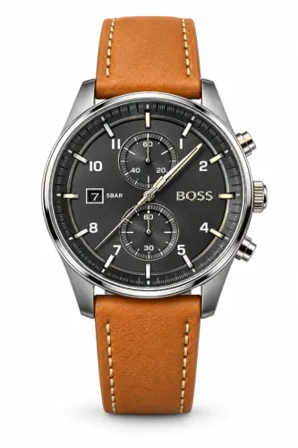 Relógio Masculino BOSS Skytraveller 1514161 44 mm Pulseira de Couro Caramelo - Novo