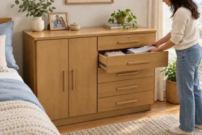 >NOVA< Cômoda Amadeirada com 5 Gavetas e 2 Portas
