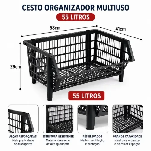 Cesto Empilhavel 58 Cm Organizado Multiuso - 55 Litros