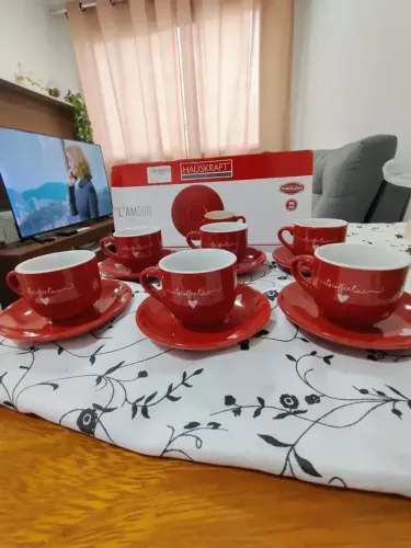 Jogo Xícaras Café Vermelha 12 Peças Porcelana 90ml Lamour