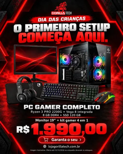 PC Gamer Novo Ryzen 3 2200G + Monitor 19? + Kit Gamer Completo Promoção dias das Crianças