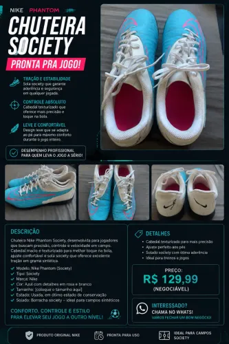 Chuteira Nike Phantom Society Azul/Branca - Original - Ótimo Estado