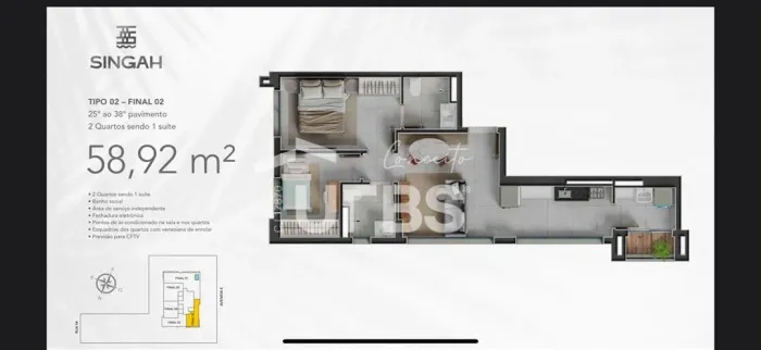 SINGAH - Apartamento 2 quartos, sendo 1 suíte