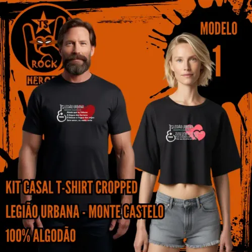 Kit Casal Legião Urbana Monte Castelo Dia dos Namorados T-Shirt Cropped 100% Algodão