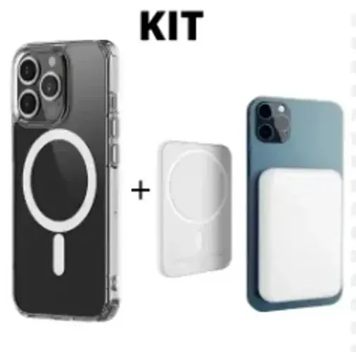 Kit Carregador Magsafe Portatil 5000mHa + Capa iPhone acima 8 Xr 11 12 13 14 Max