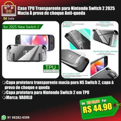 Case TPU Transparente para Nintendo Switch 2 2025 Macia À prova de choque Anti-queda