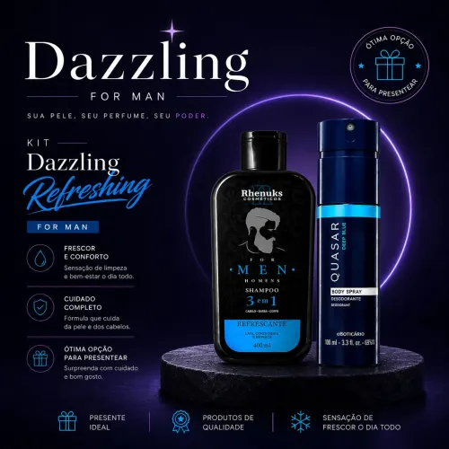 Kit Dazzling Refreshing Masculino - Shampoo 3 em 1 + Body Spray 