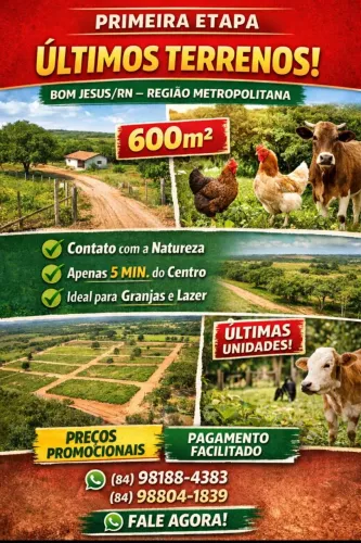 OPORTUNIDADE IMPERDÍVEL! TERRENOS PARA GRANJA, CHÁCARA OU RANCHO EM BOM JESUS/RN <br>