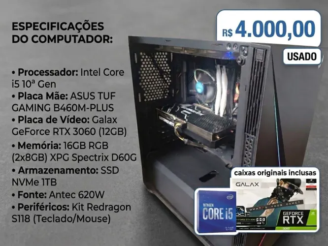 PC Gamer i5 10ª Gen + RTX 3060 12GB + 16GB RAM RGB + SSD NVMe 1TB + Periféricos Redragon