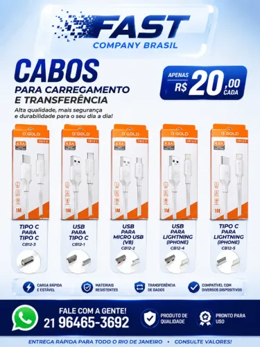 Cabo USB Tipo C Micro USB Lightning iPhone Carregamento Rápido