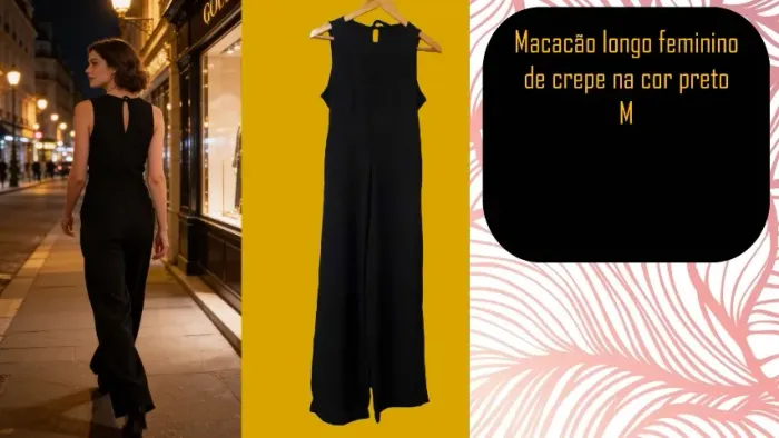 Macacão longo feminino de crepe na cor preto M