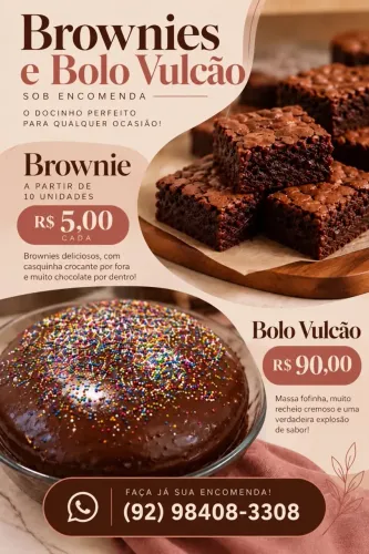 Brownies e bolos por encomenda.