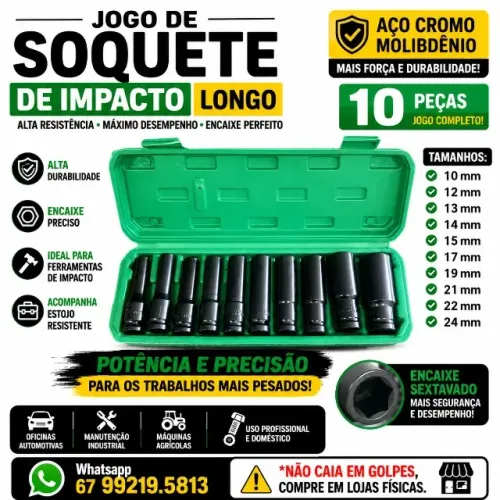 Jogo De Soquete Longo Sextavado Impacto 1/2 8-24mm 10 Peças COD: 0175
