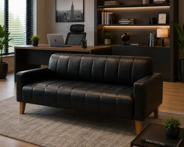 Sofá 3 lugares de couro sintetico preto luxuoso para barbearias recepção escritorio