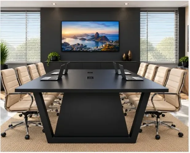 Mesa de Reunião Santoro Delluxe. Painel e Armário, 8 Lugares e 9 Tomadas. L260cm x A140cm