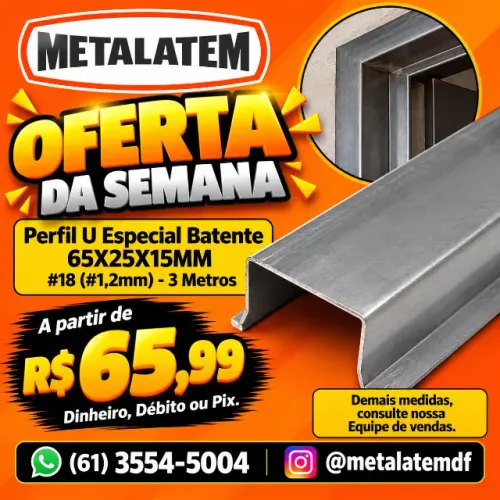 Perfil U Especial Batente 65X25X15MM #18 (#1,2mm) 3 Metros