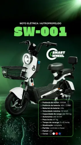 Moto Elétrica Smart Wheel SW 001 1000W 48V 20Ah Lithium