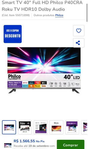 Vendo Smart TV 40 polegadas full HD Philco. Nova, nem abri a caixa.