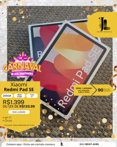 REDMI PAD SE, 256GB, 8GB RAM, TELA 11?, LACRADO, EXCLUSIVO!