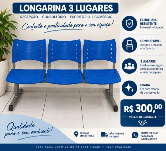 Longarina 3 Lugares Azul - Recepção, Clínica ou Escritório