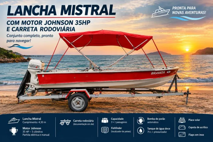 Lancha de Fibra Mistral com motor Johnson 35hp e carreta rodoviária. Documentos em dia.
